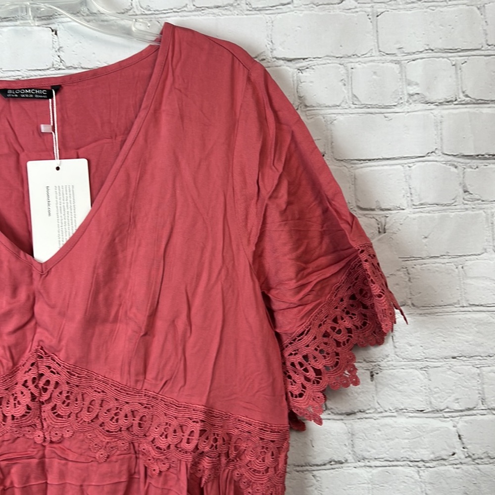 BloomChic Coral Midi Dress with Lace Trim - Picture 2 of 5
